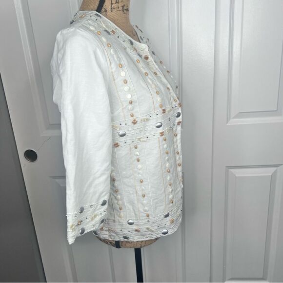 Sz M Gretchen Scott Linen Blend White Shell& Rock Embellished 3/4 Sleeve Blouse - Picture 7 of 16